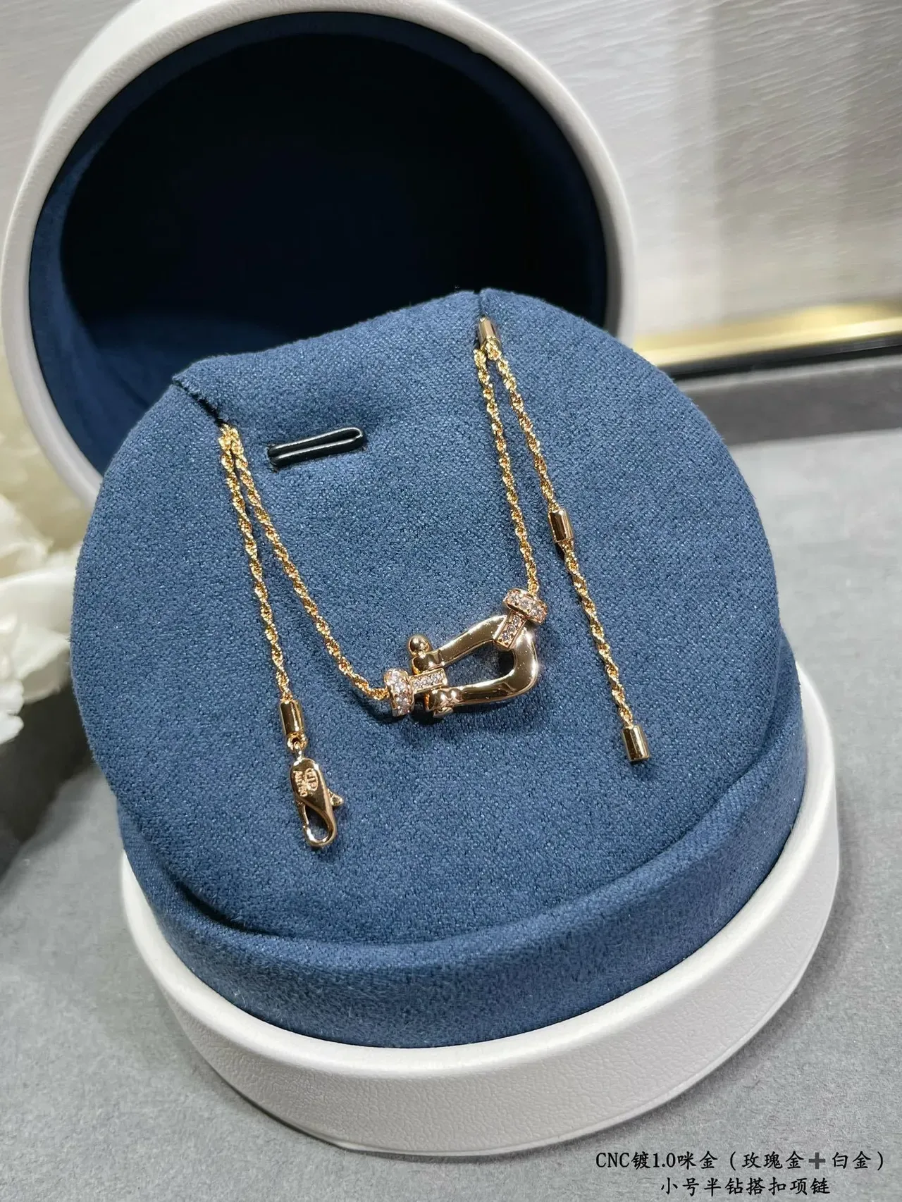 Gold Silver Shackle-Shaped Pendant Pavé-Set Stones Necklace 6
