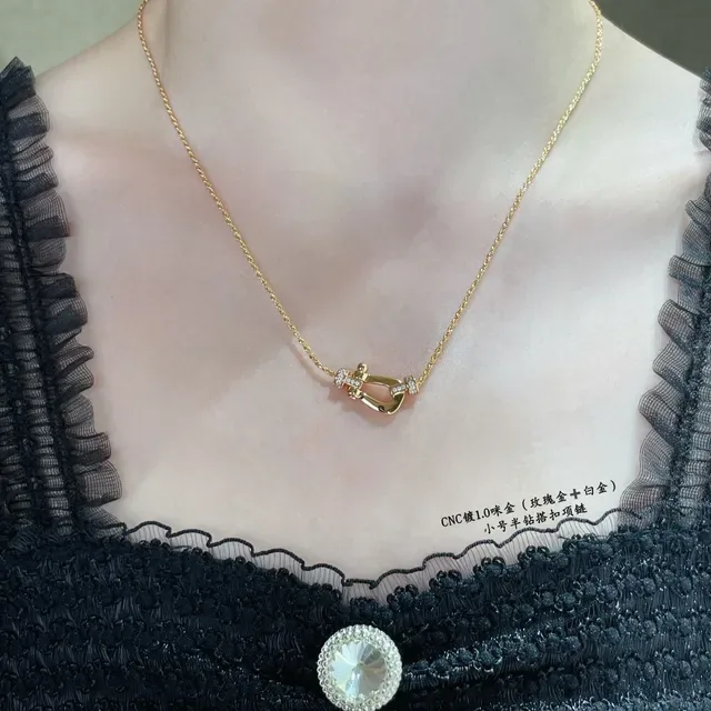 Gold Silver Shackle-Shaped Pendant Pavé-Set Stones Necklace 8