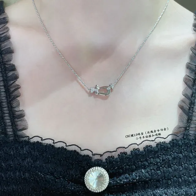 Gold Silver Shackle-Shaped Pendant Pavé-Set Stones Necklace 9