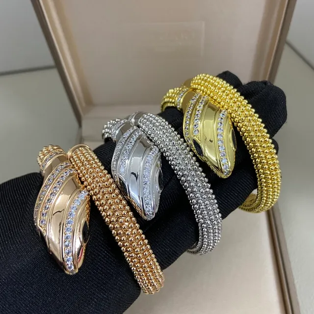Gold Silver Snake-Head Motif Pavé-Set Crystals Bracelet 6