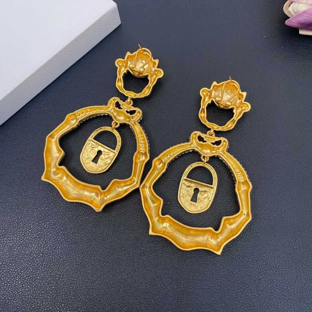 Gold-Tone Bamboo Frame Lock Pendant Earrings 6