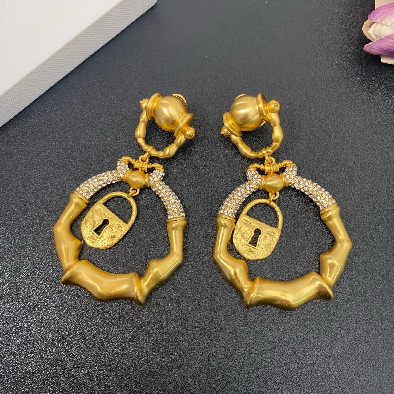 Gold-Tone Bamboo Frame Lock Pendant Earrings 7