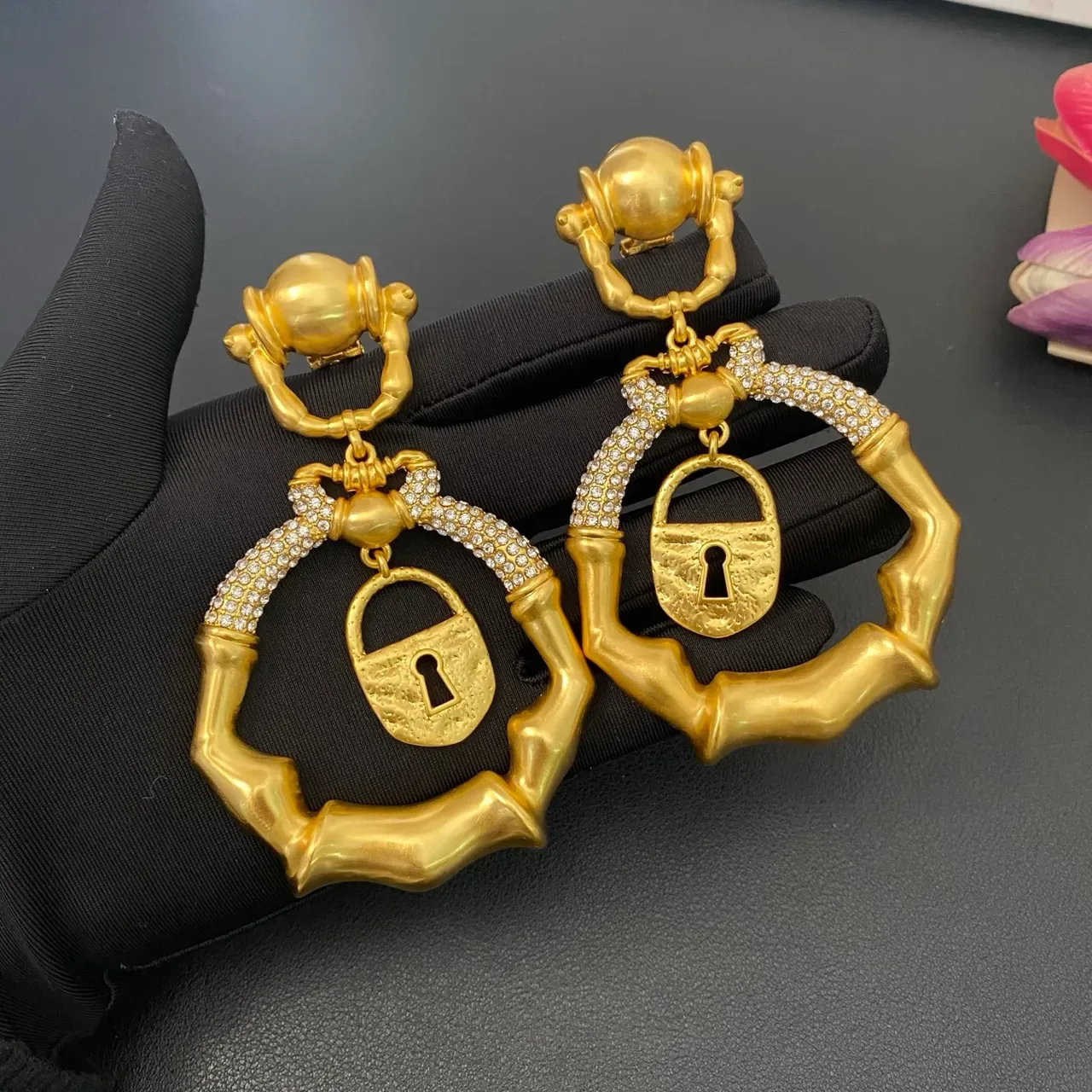 Gold-Tone Bamboo Frame Lock Pendant Earrings 8