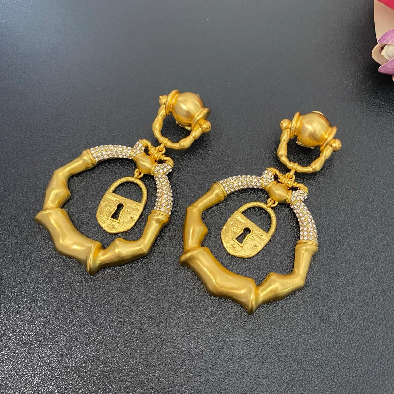 Gold-Tone Bamboo Frame Lock Pendant Earrings 9
