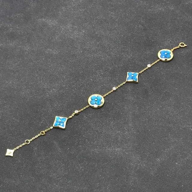 Gold-Tone Blue Enamel Floral Charm Chain Bracelet 2