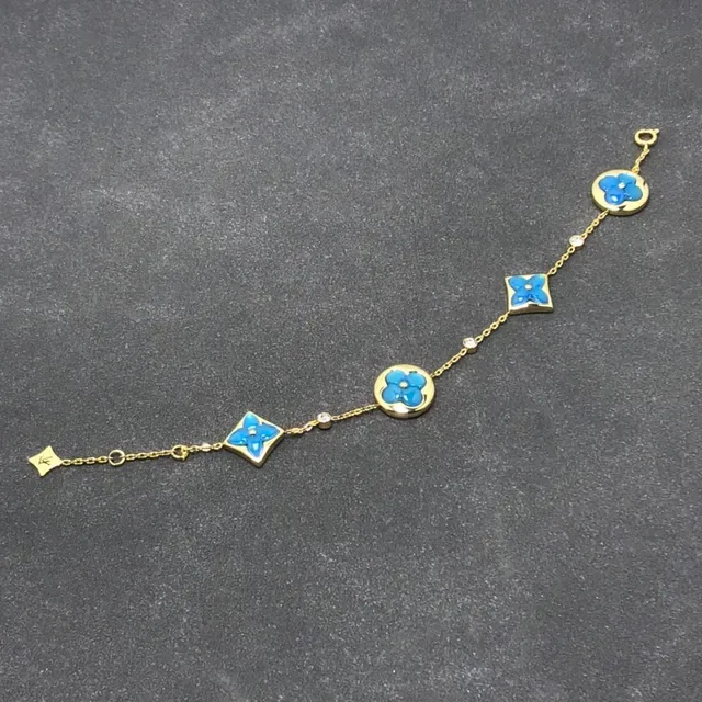 Gold-Tone Blue Enamel Floral Charm Chain Bracelet 4