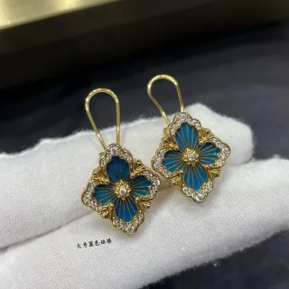 Gold-Tone Blue Enamel Floral Quatrefoil Crystal Drop Earrings