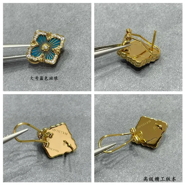Gold-Tone Blue Enamel Floral Quatrefoil Crystal Drop Earrings 2