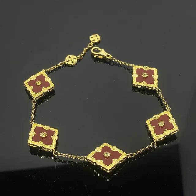 Gold-Tone Burgundy Enamel Floral Link Chain Bracelet 2