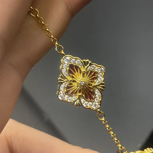 Gold-Tone Burgundy Enamel Floral Link Chain Bracelet 3