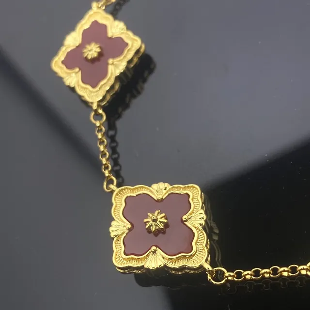 Gold-Tone Burgundy Enamel Floral Link Chain Bracelet 4