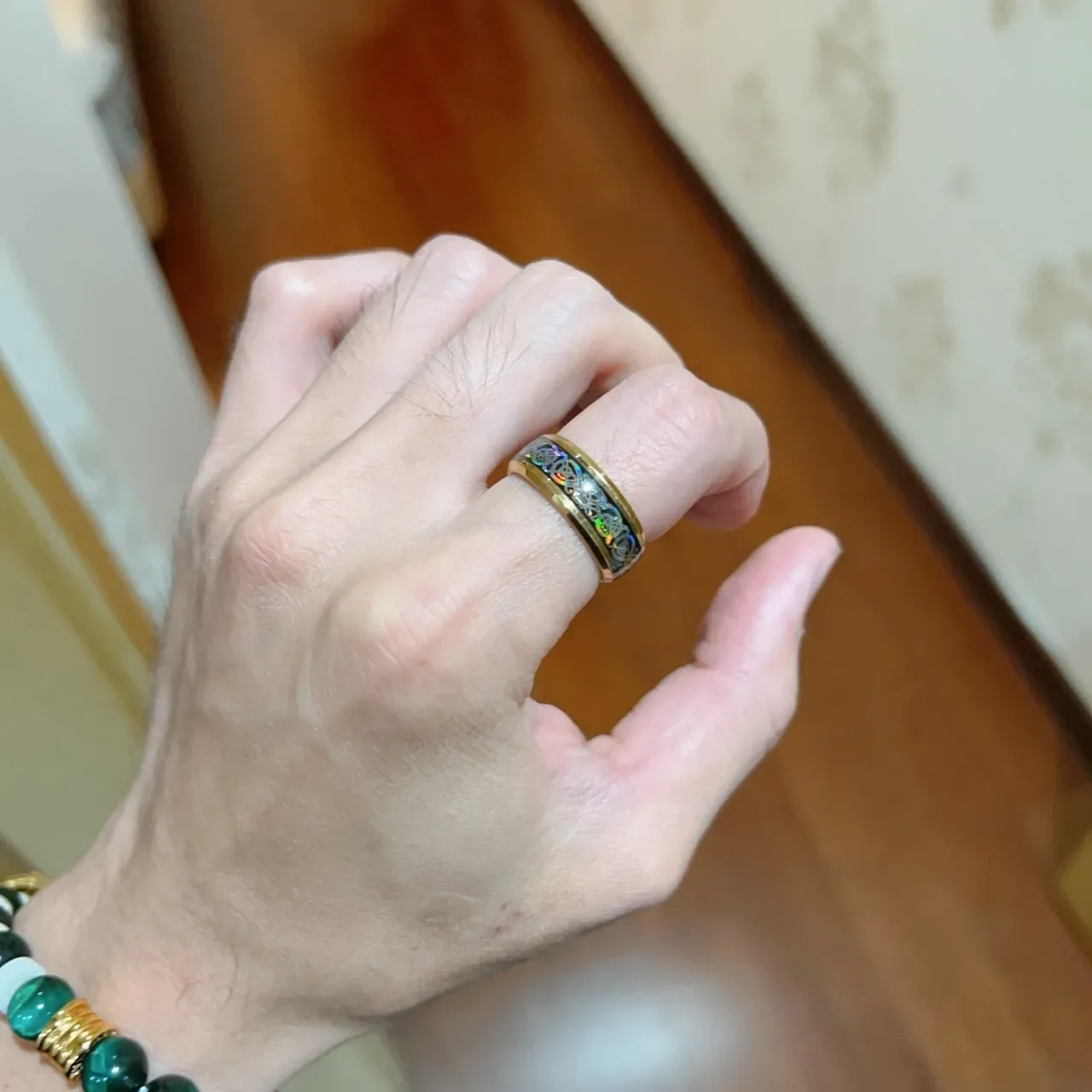Gold-Tone Celtic Knot Iridescent Inlay Wide Band Ring 2
