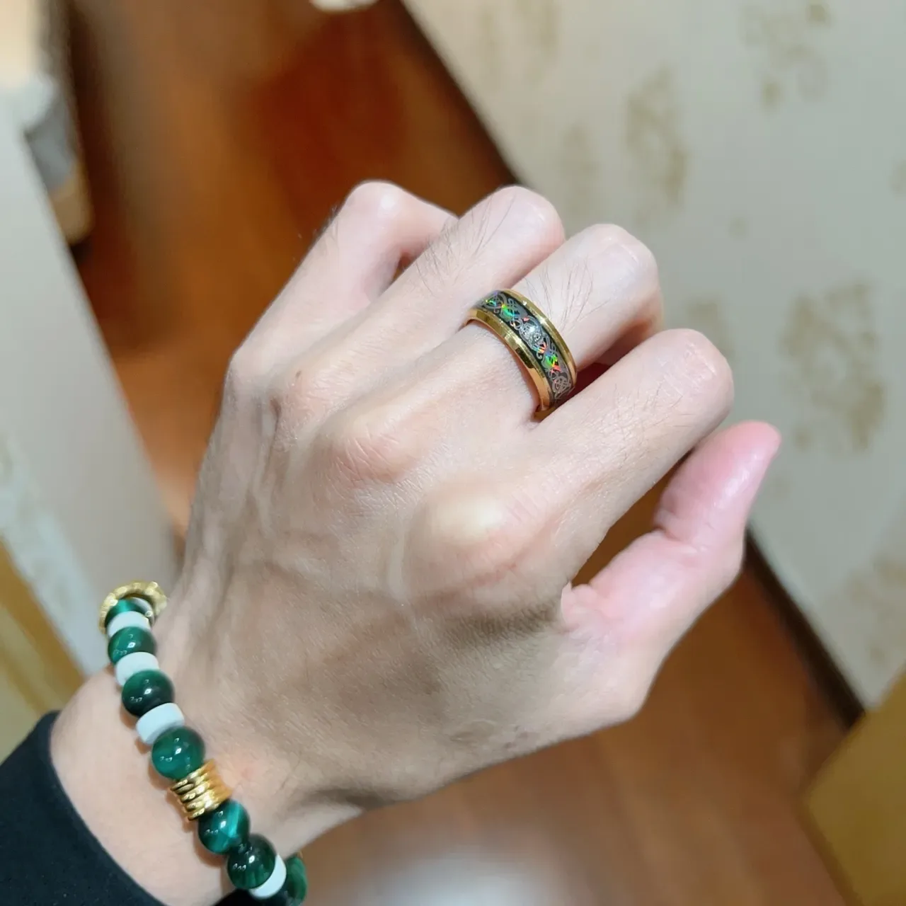 Gold-Tone Celtic Knot Iridescent Inlay Wide Band Ring 8