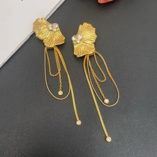 Gold-Tone Fan-Shaped Crystal Tassel Drop Earrings