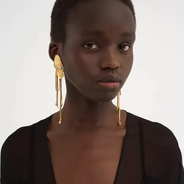 Gold-Tone Fan-Shaped Crystal Tassel Drop Earrings 3
