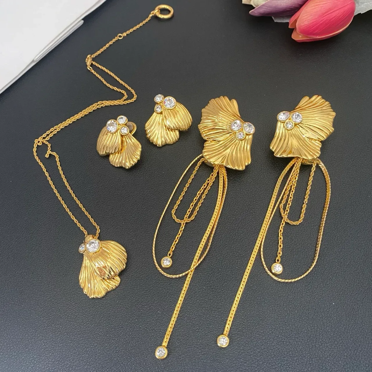 Gold-Tone Fan-Shaped Crystal Tassel Drop Earrings 4