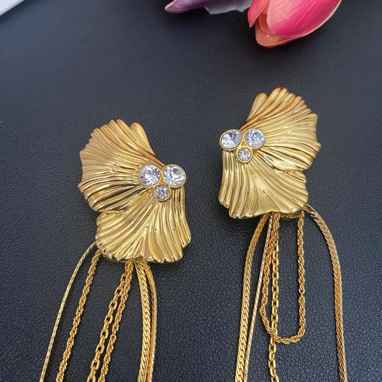 Gold-Tone Fan-Shaped Crystal Tassel Drop Earrings 6