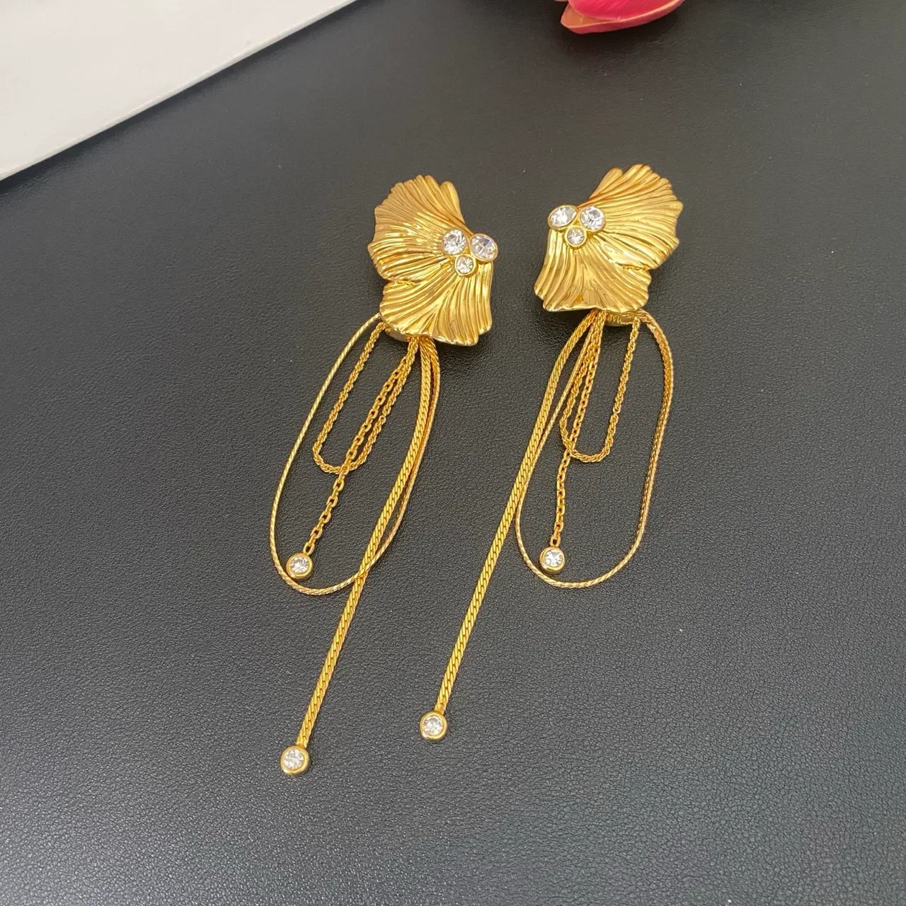 Gold-Tone Fan-Shaped Crystal Tassel Drop Earrings 7