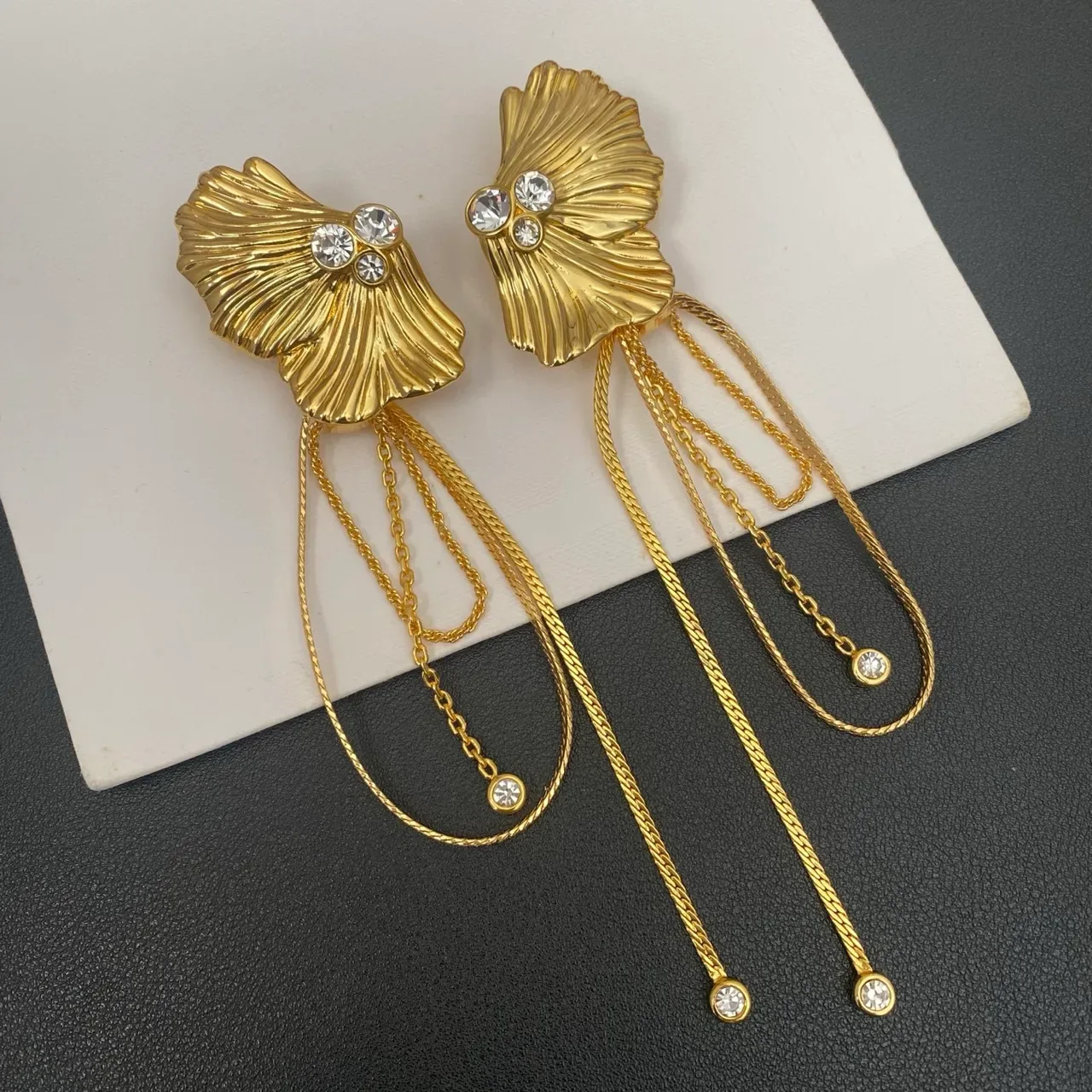 Gold-Tone Fan-Shaped Crystal Tassel Drop Earrings 8