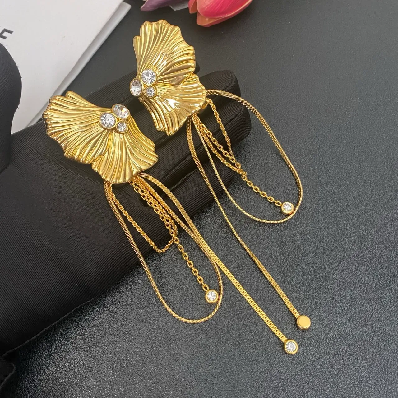 Gold-Tone Fan-Shaped Crystal Tassel Drop Earrings 9
