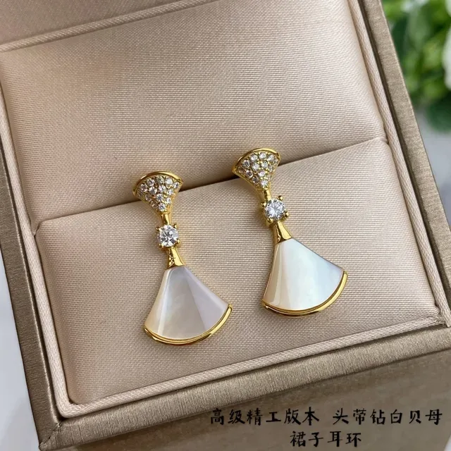Gold-Tone Fan-Shaped White Mother-of-Pearl Crystal Drop Earrings 2