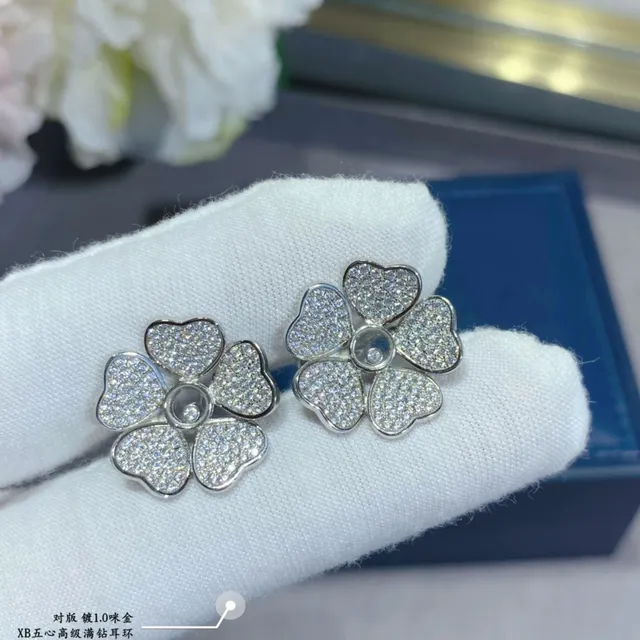 Gold-Tone Five-Petal Floral Pavé Crystal Stud Earrings 2