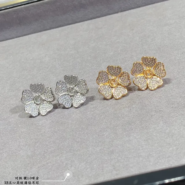 Gold-Tone Five-Petal Floral Pavé Crystal Stud Earrings 4