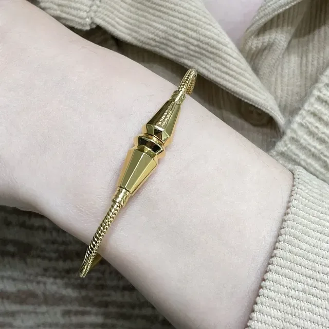 Gold-Tone Geometric Faceted Black Inlay Bangle Bracelet 9