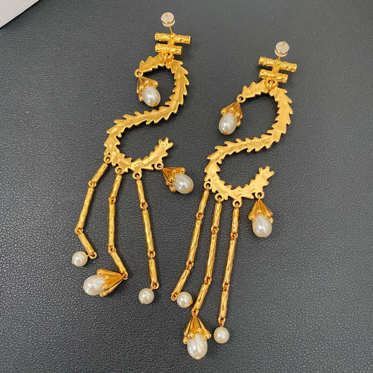Gold-Tone Leaf Wreath Pearl Drop Earrings 3