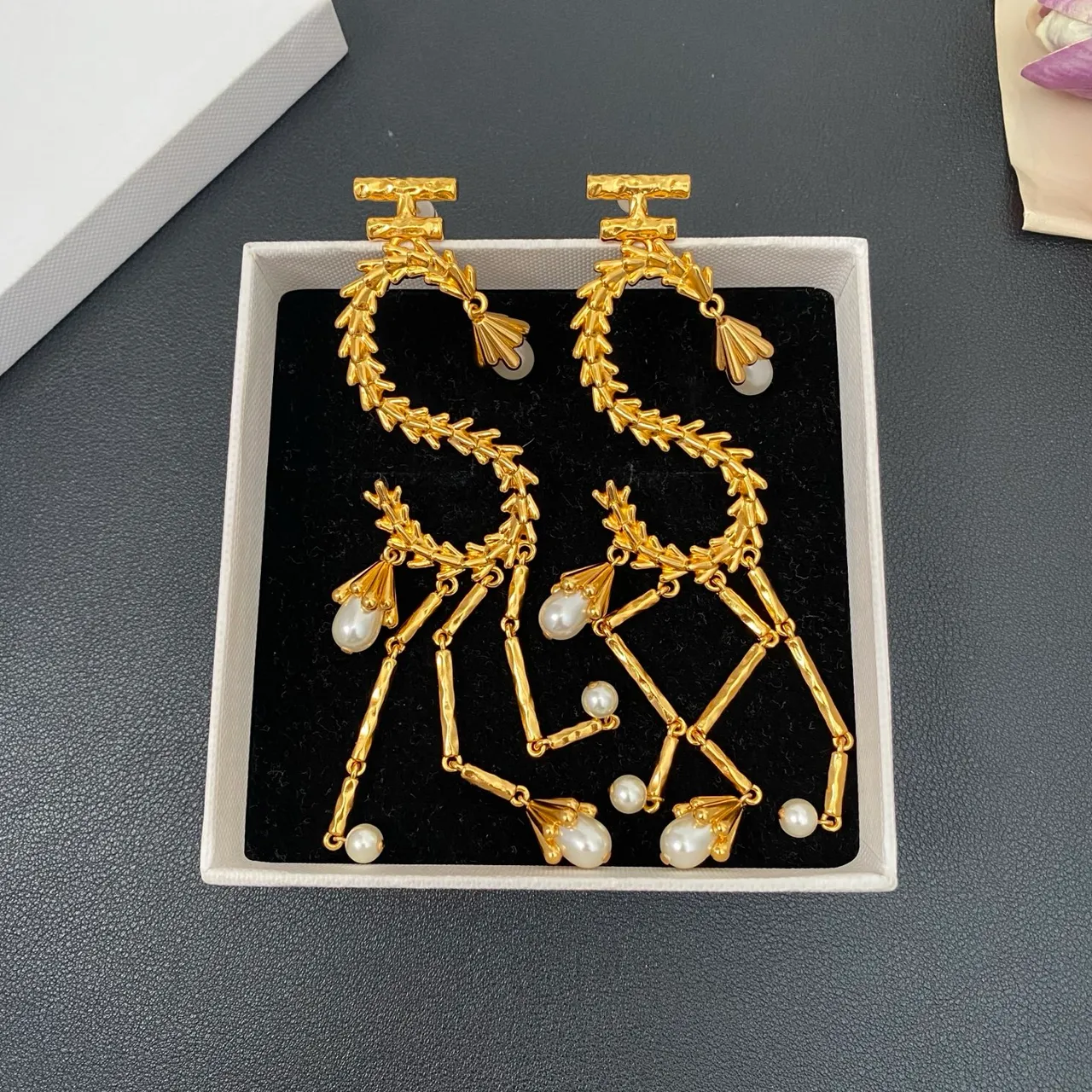 Gold-Tone Leaf Wreath Pearl Drop Earrings 5