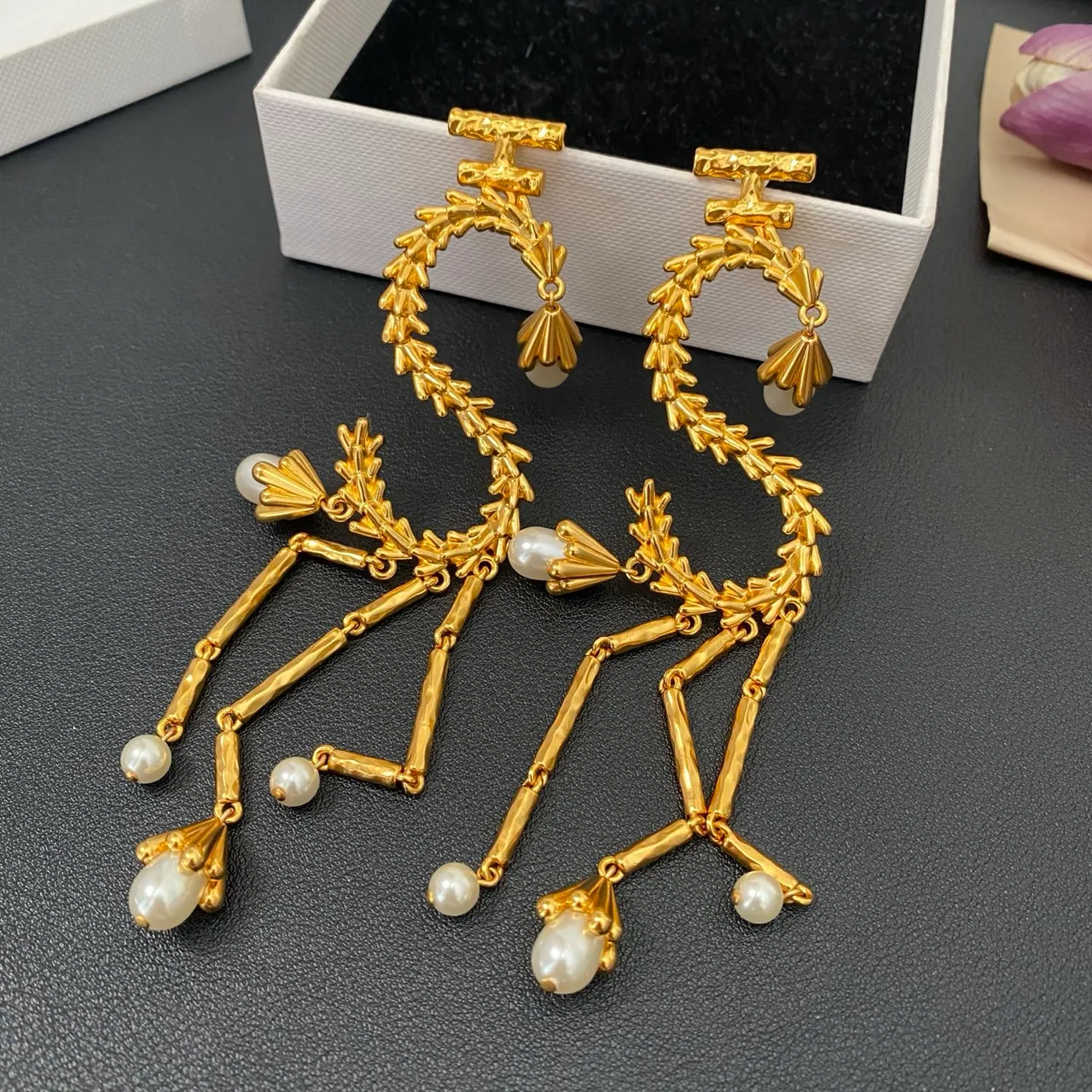 Gold-Tone Leaf Wreath Pearl Drop Earrings 6