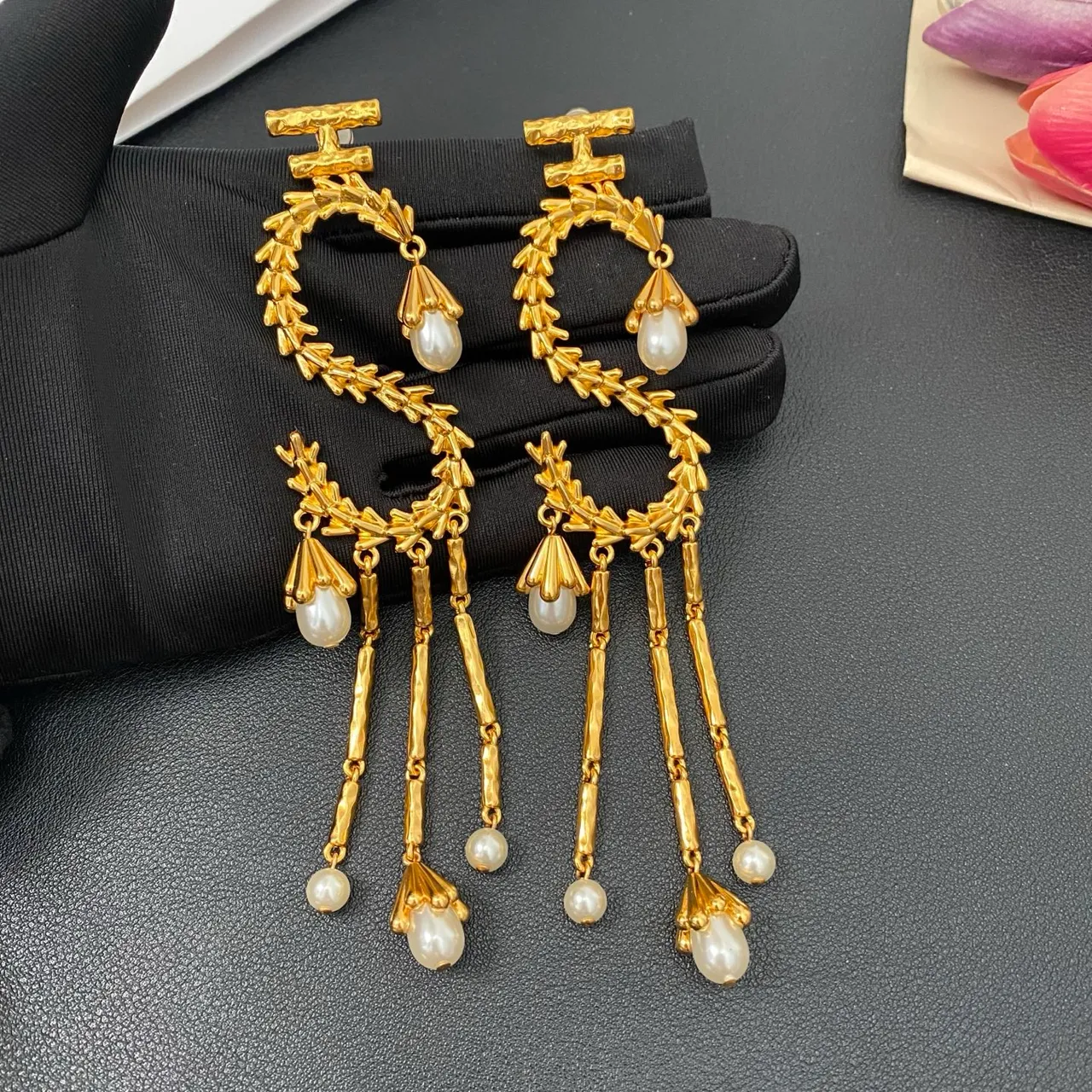 Gold-Tone Leaf Wreath Pearl Drop Earrings 7