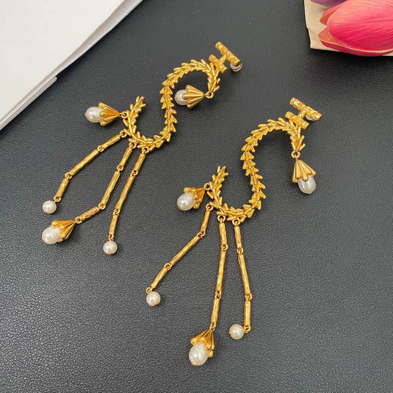 Gold-Tone Leaf Wreath Pearl Drop Earrings 8