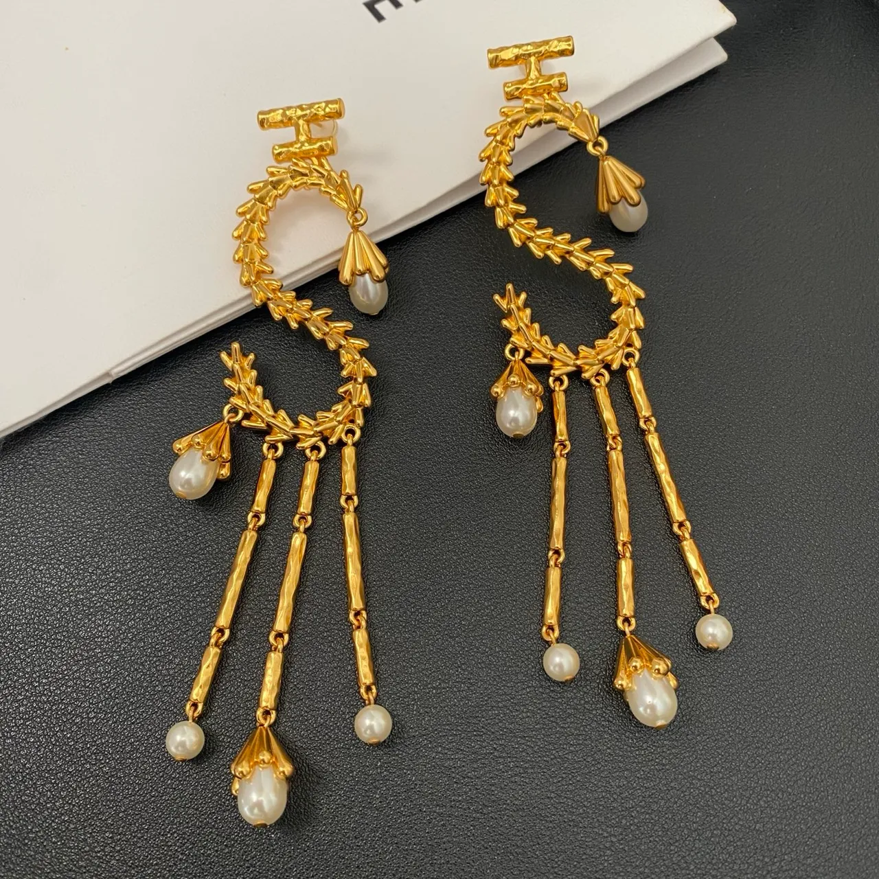 Gold-Tone Leaf Wreath Pearl Drop Earrings 9