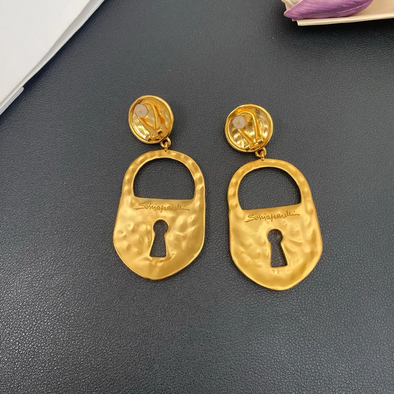 Gold-Tone Lock Pendant Pearl Drop Earrings 5