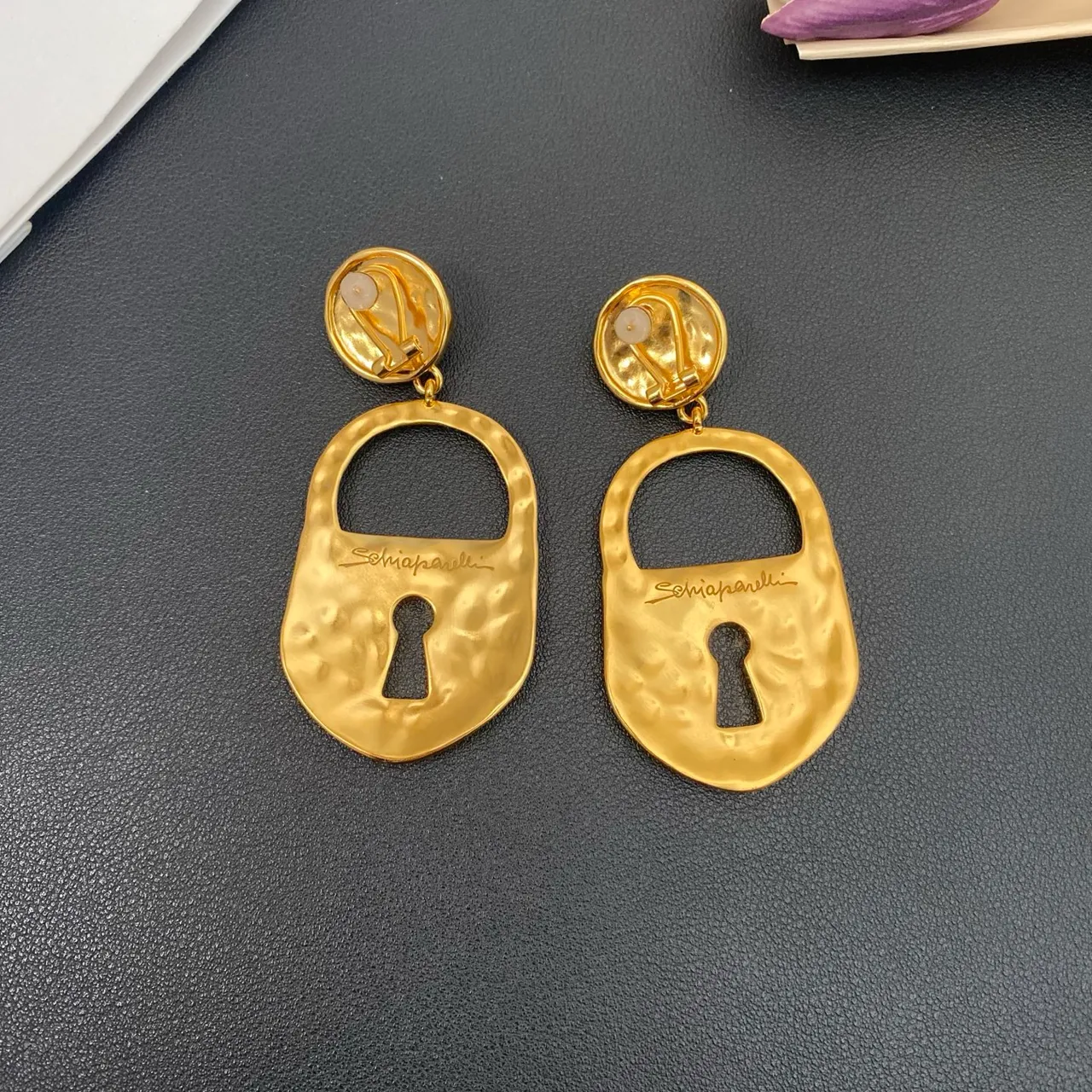 Gold-Tone Lock Pendant Pearl Drop Earrings 6