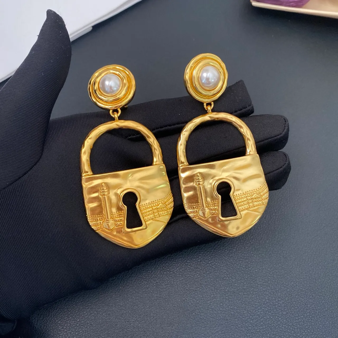 Gold-Tone Lock Pendant Pearl Drop Earrings 7