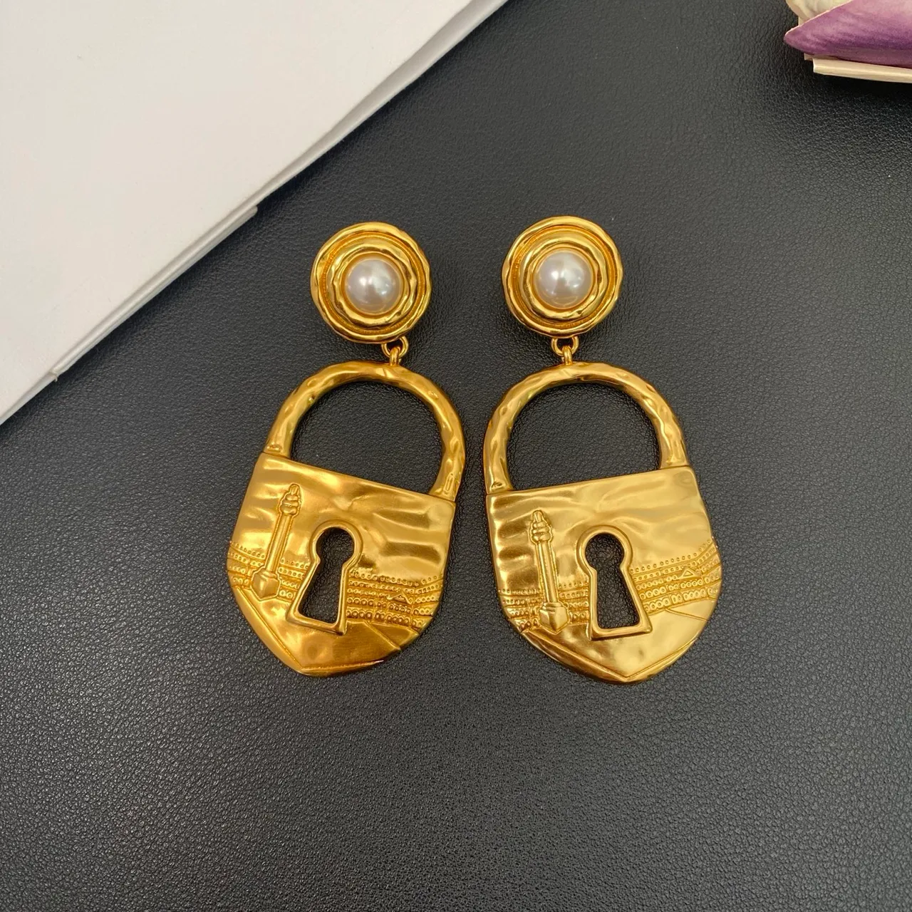 Gold-Tone Lock Pendant Pearl Drop Earrings 8