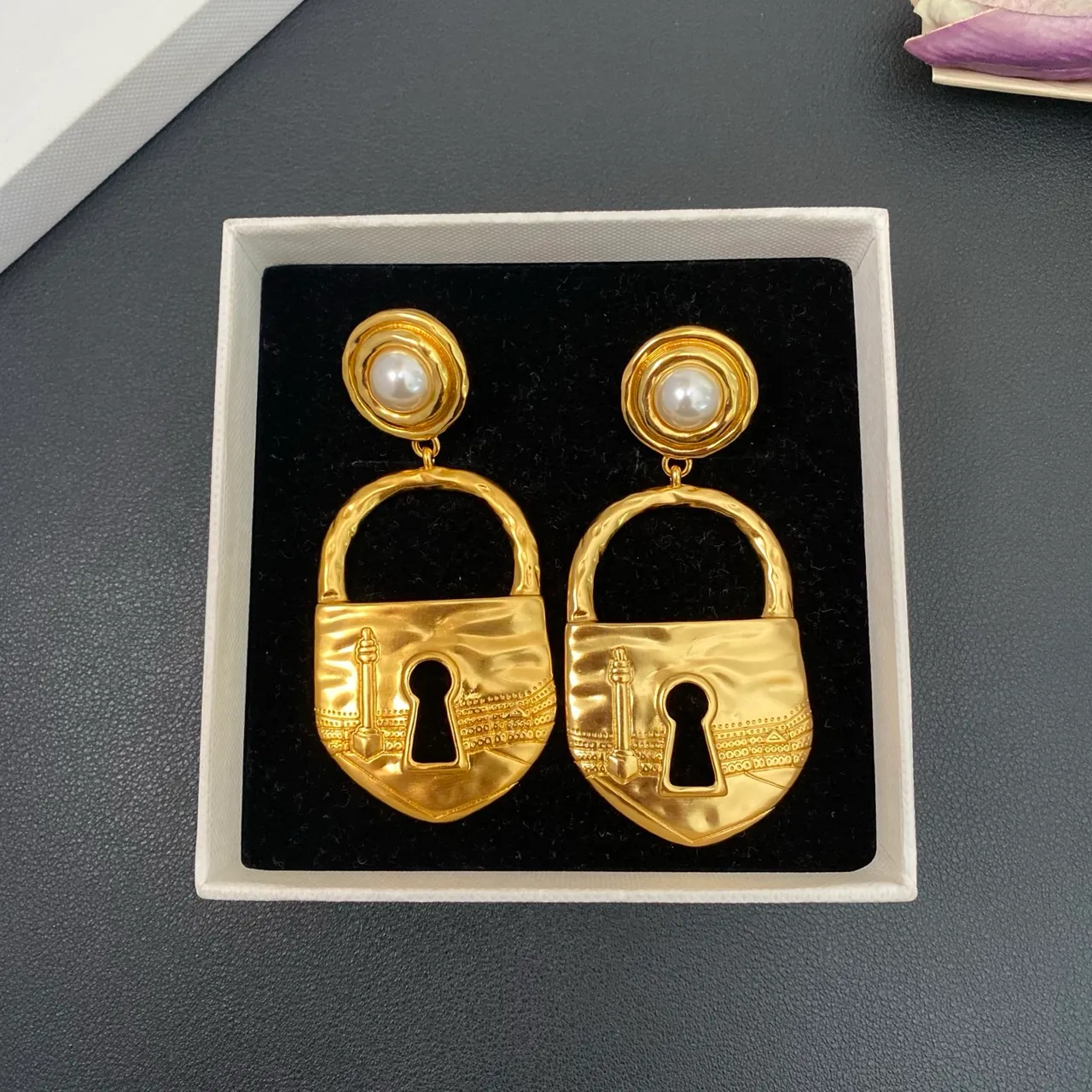 Gold-Tone Lock Pendant Pearl Drop Earrings 9
