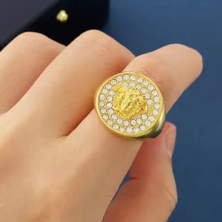 Gold-Tone Medusa Head Pavé Crystal Coin Ring