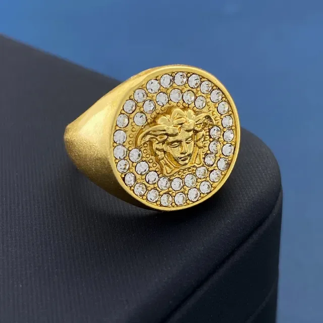 Gold-Tone Medusa Head Pavé Crystal Coin Ring 2