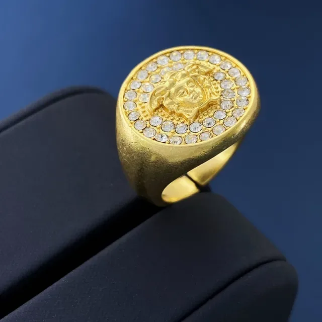 Gold-Tone Medusa Head Pavé Crystal Coin Ring 4