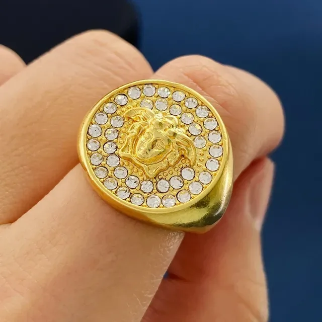 Gold-Tone Medusa Head Pavé Crystal Coin Ring 5