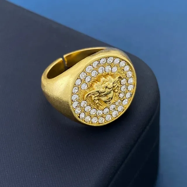 Gold-Tone Medusa Head Pavé Crystal Coin Ring 6