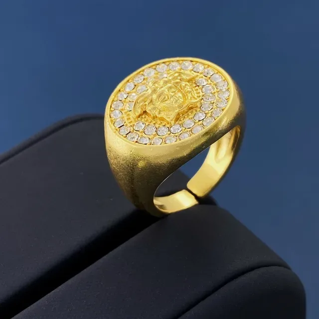 Gold-Tone Medusa Head Pavé Crystal Coin Ring 7