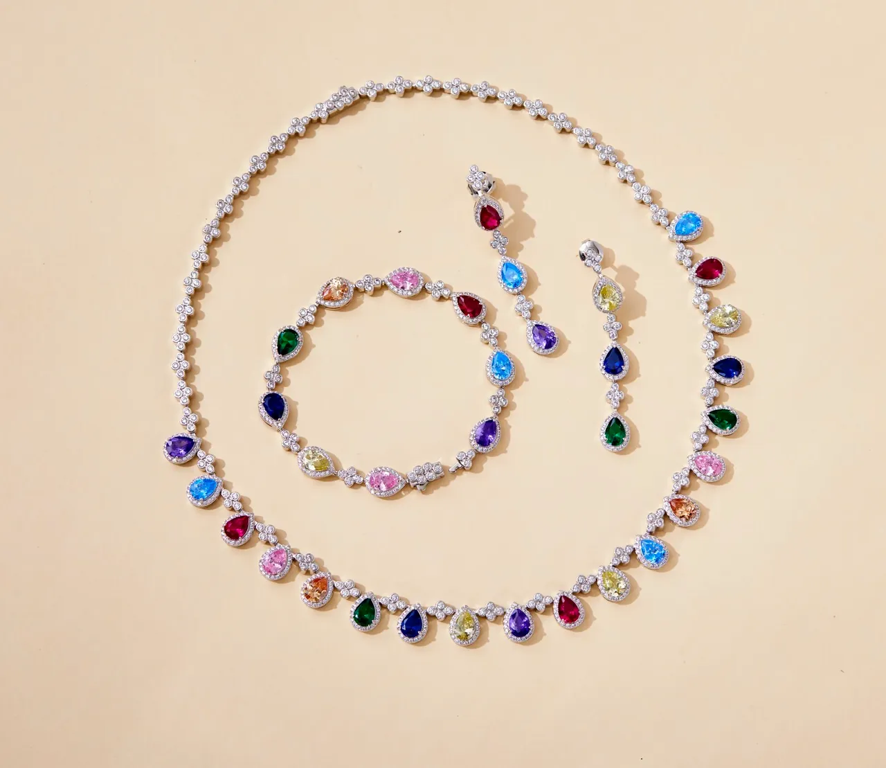 Gold-Tone Multicolor Pear-Shaped Gemstone and Pavé Diamond Halo Bracelet 2