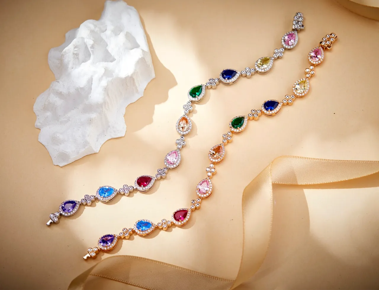 Gold-Tone Multicolor Pear-Shaped Gemstone and Pavé Diamond Halo Bracelet 4