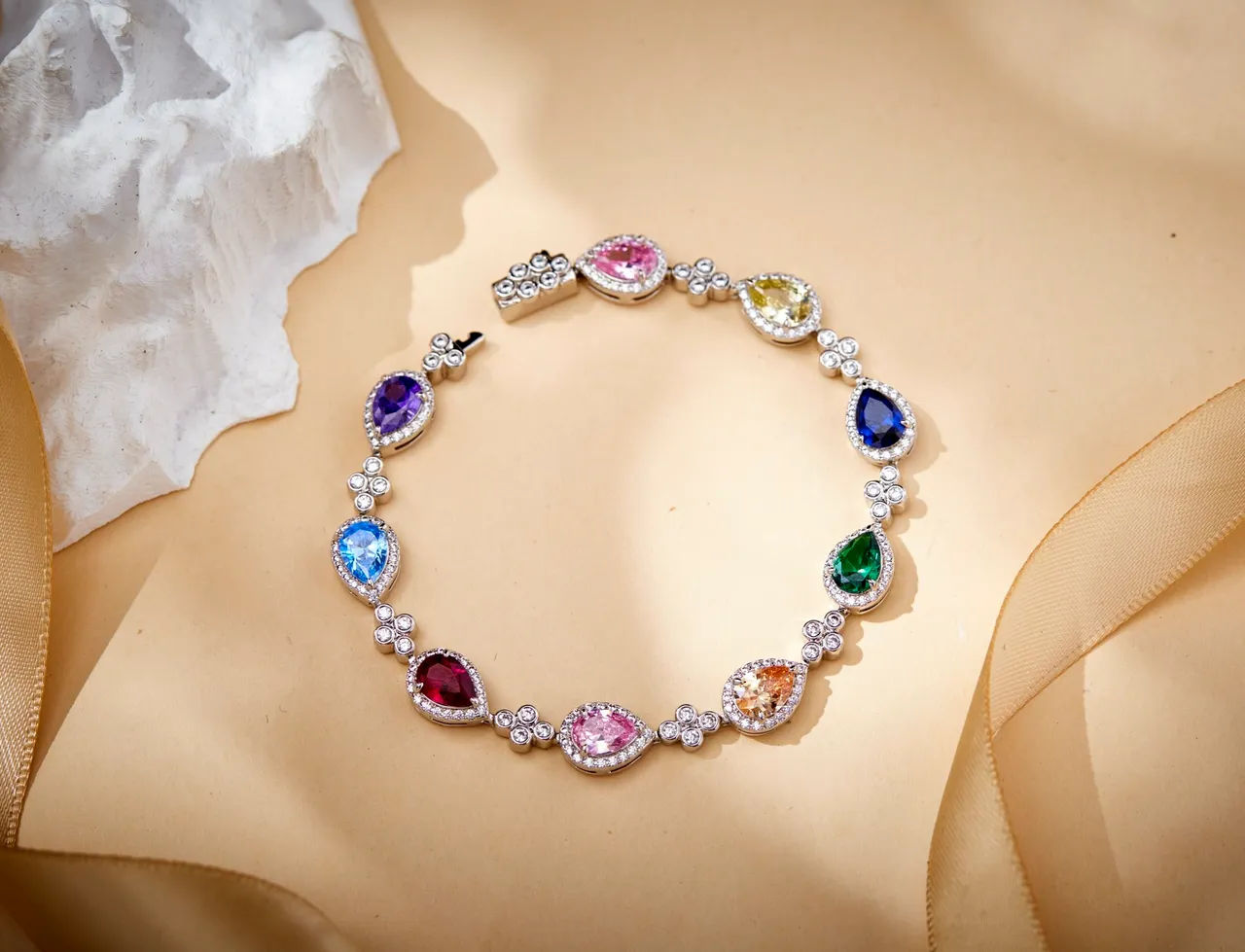 Gold-Tone Multicolor Pear-Shaped Gemstone and Pavé Diamond Halo Bracelet 6