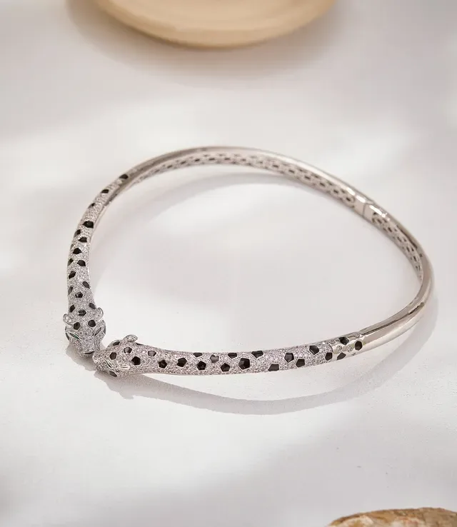 Gold-Tone Pavé Black and Clear Stone Animal-Head Hinged Bangle Bracelet 8