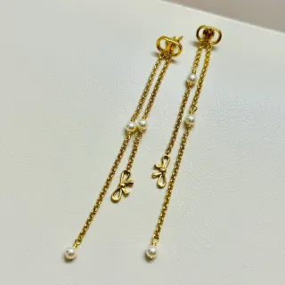 Gold-Tone Pearl and Bow Chain Drop Earrings